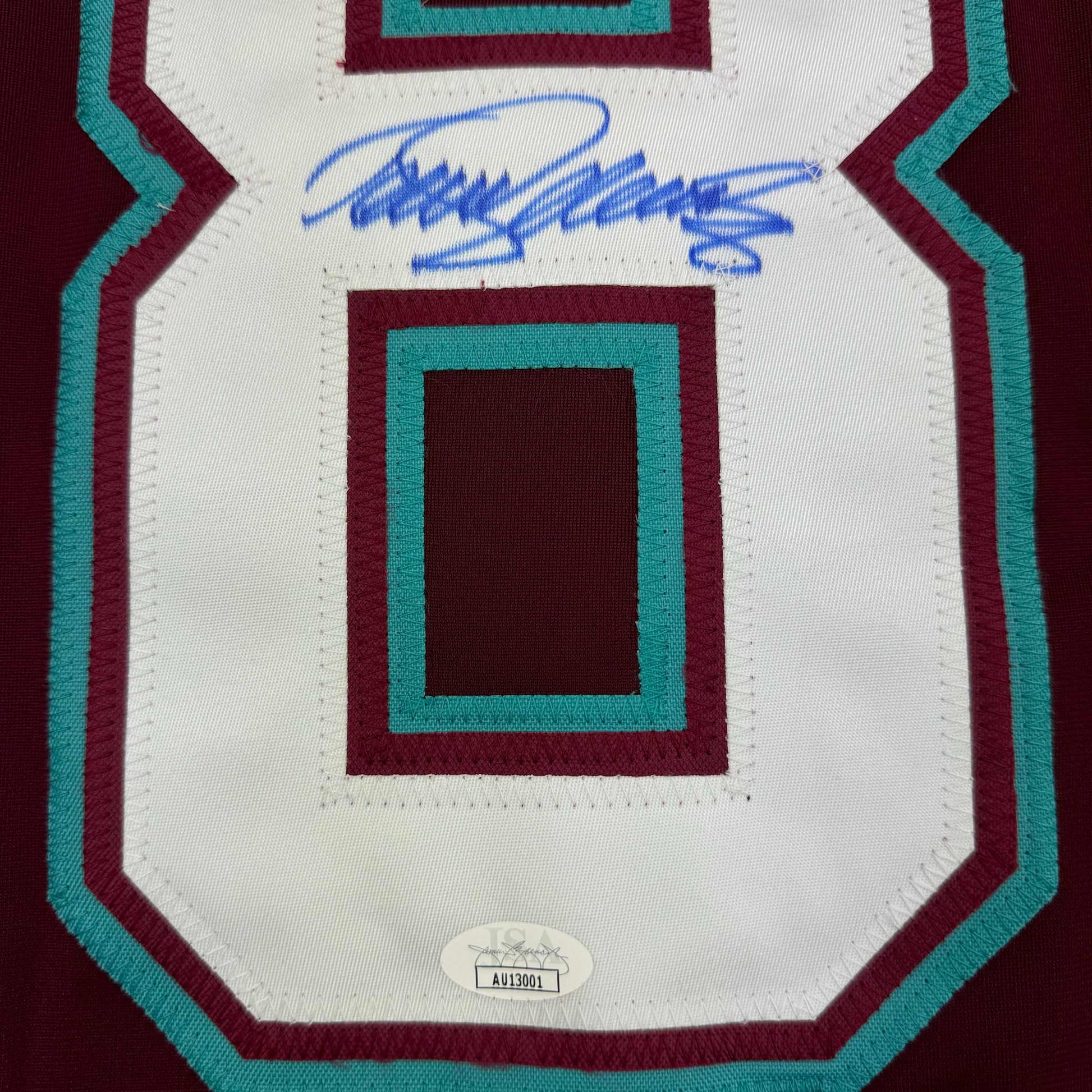 Signed Teemu Selanne Anaheim Ducks retro hockey jersey displaying maroon, teal, and white striped design with authentication sticker.