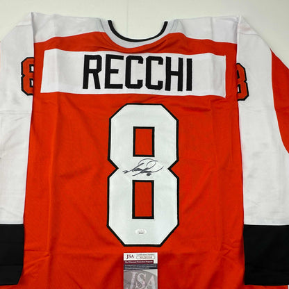 Red and white Philadelphia hockey jersey number 8 with "RECCHI" nameplate, signed, displayed flat with JSA certification sticker visible.