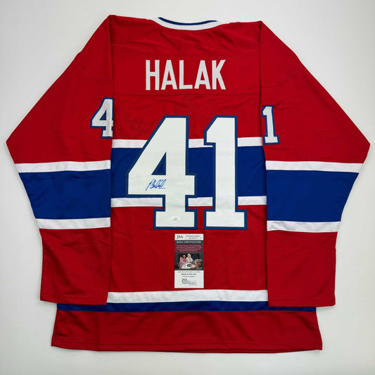 Red and blue Montreal Canadiens jersey number 41 with Halak name and autographed signature, displayed flat with JSA certification label visible.