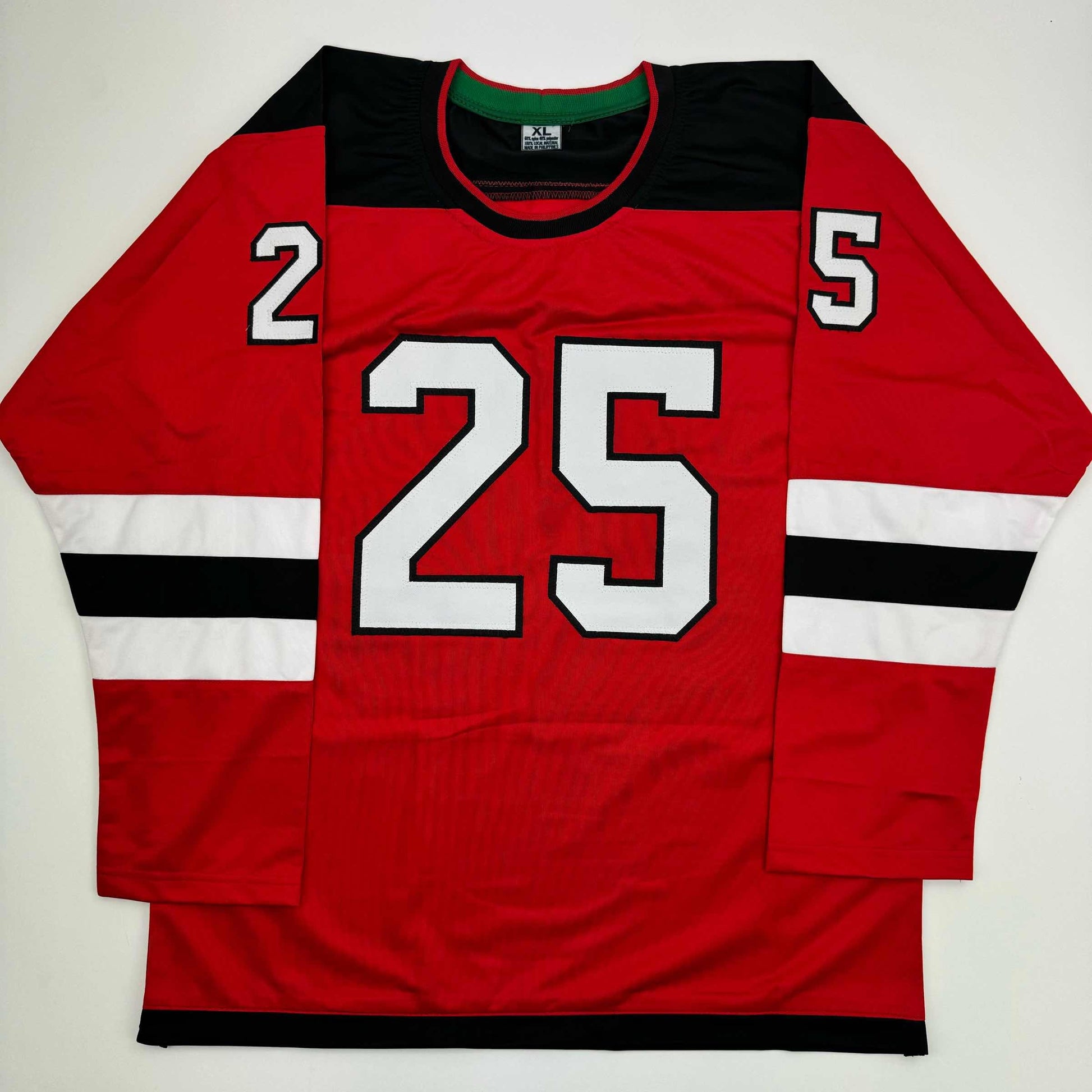Red hockey jersey with black and white horizontal stripes, white number 25, displayed flat on white background.