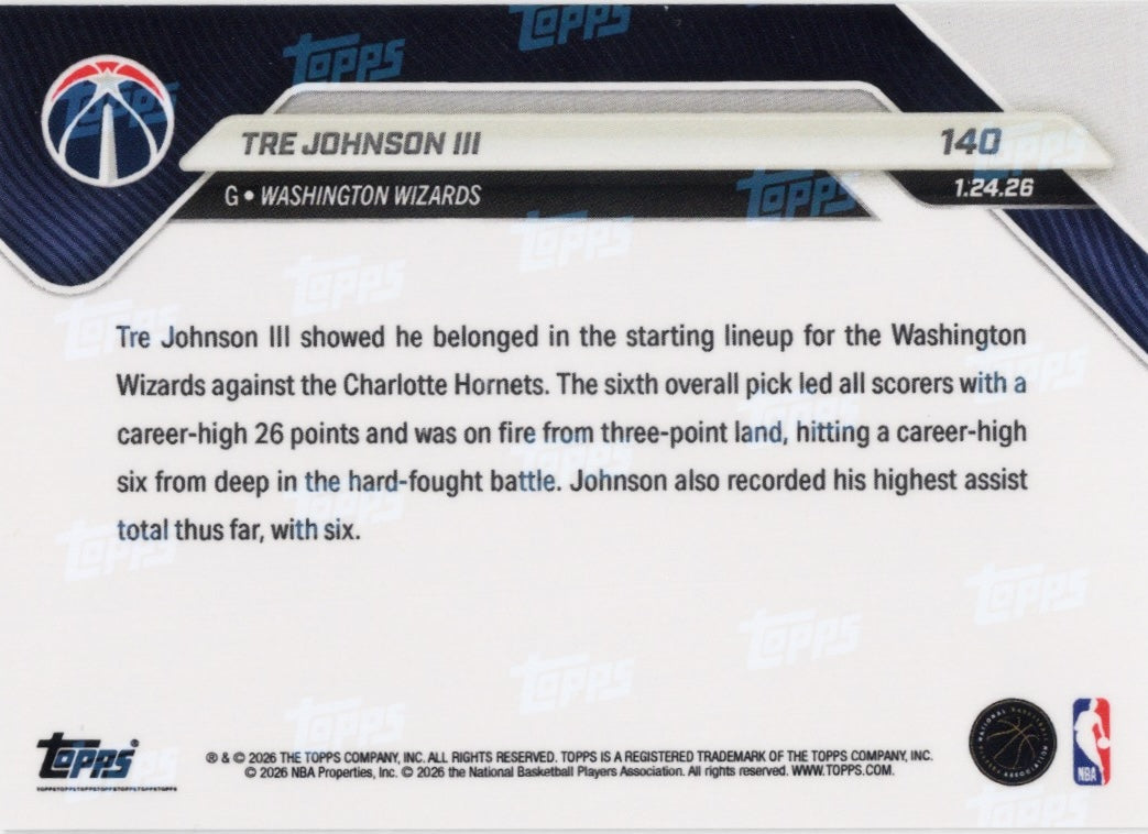 2025 Topps Now Tre Johnson #140 Black Foil /10 Washington Wizards Rookie RC Basketball Card