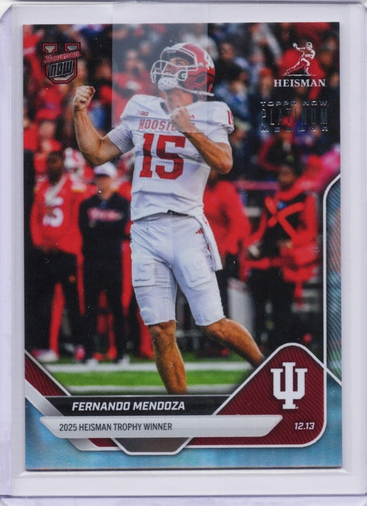 Fernando Mendoza football card showing quarterback number 15 in white Indiana uniform throwing ball, with Heisman Trophy logo and 2025 winner designation visible.