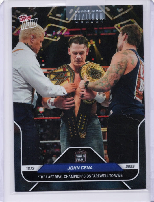 2025 Topps Now WWE platinum card featuring John Cena holding championship belts in ring with officials, dated 12.13.