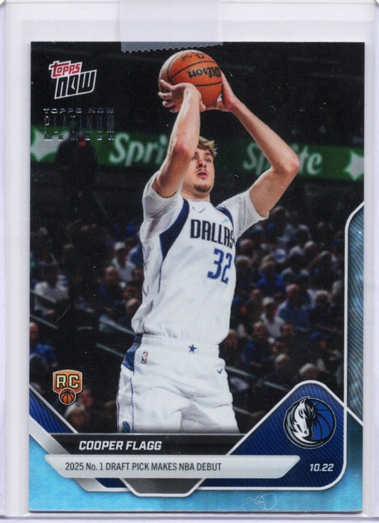 Cooper Flagg Dallas Mavericks rookie card showing player shooting basketball in white jersey, numbered 32, with Topps Now branding and RC logo visible.