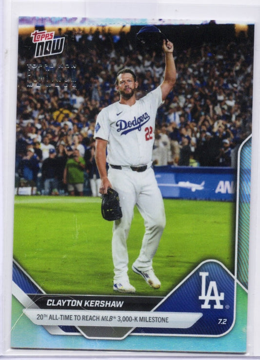 Clayton Kershaw baseball card showing player in white Dodgers uniform with raised arm holding glove during game with crowd background.