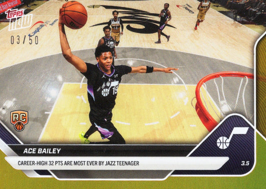 Gold foil basketball card showing Ace Bailey in Utah Jazz black jersey shooting layup with career-high 32 points stat highlighted.