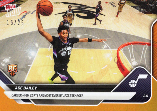 Ace Bailey rookie basketball card showing overhead court view of player shooting, with orange foil border and "15/25" serial number visible.