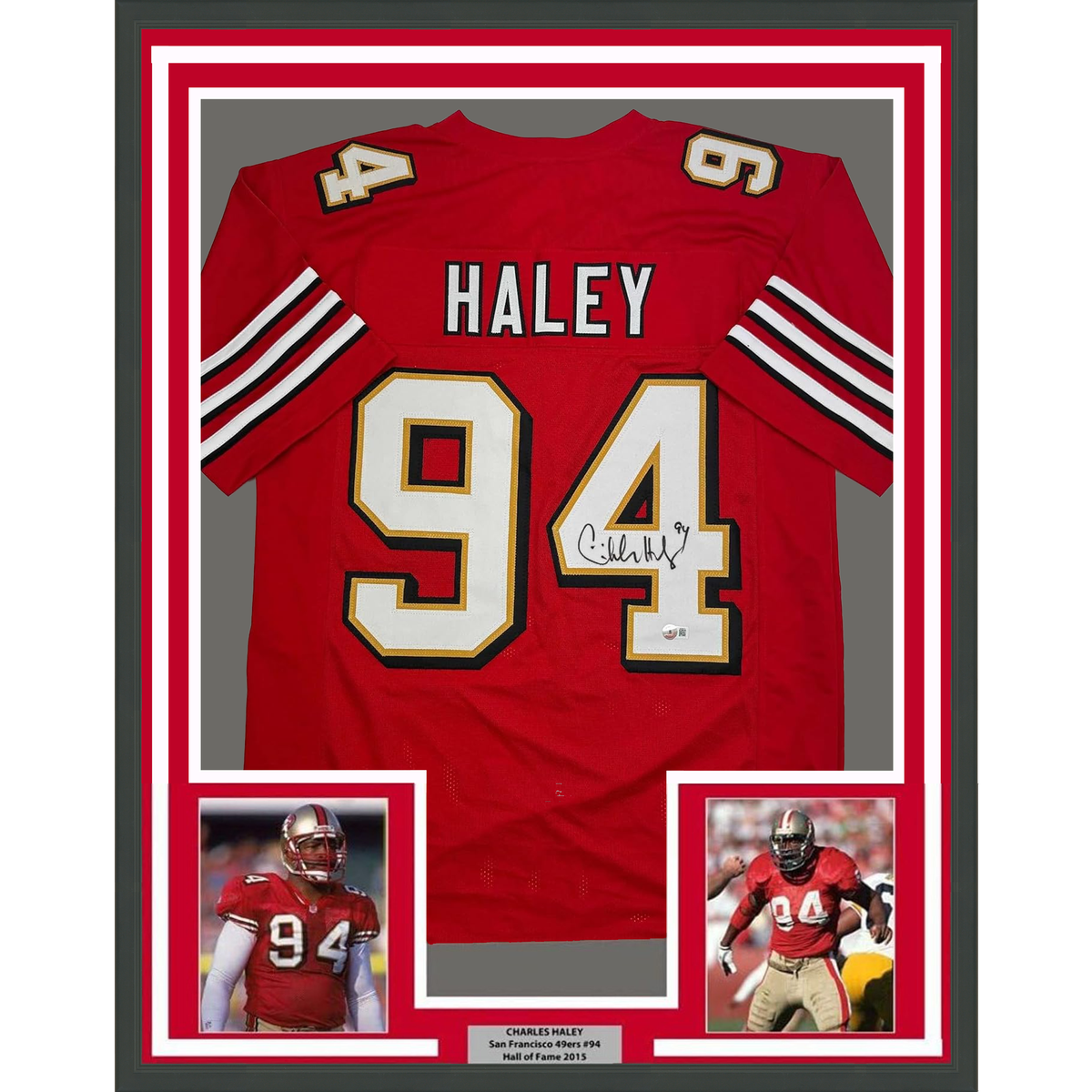 Framed Autographed Charles Haley 35x39 San Francisco Red Alternate Football Jersey JSA COA