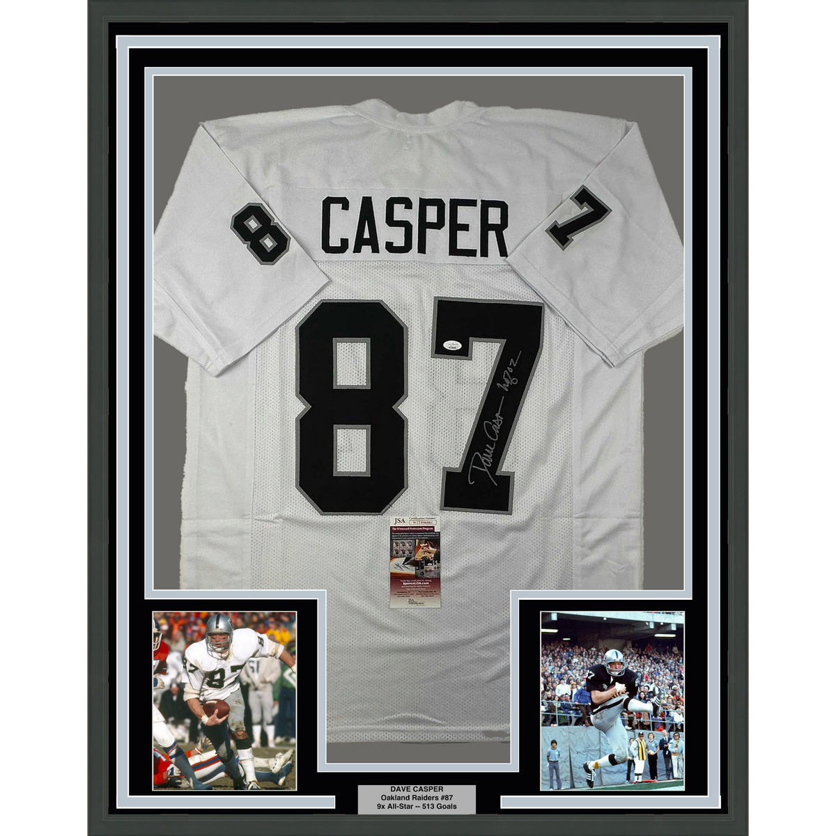 Framed Autographed/Signed Dave Casper HOF 2002 Oakland Las Vegas White Football Jersey JSA COA