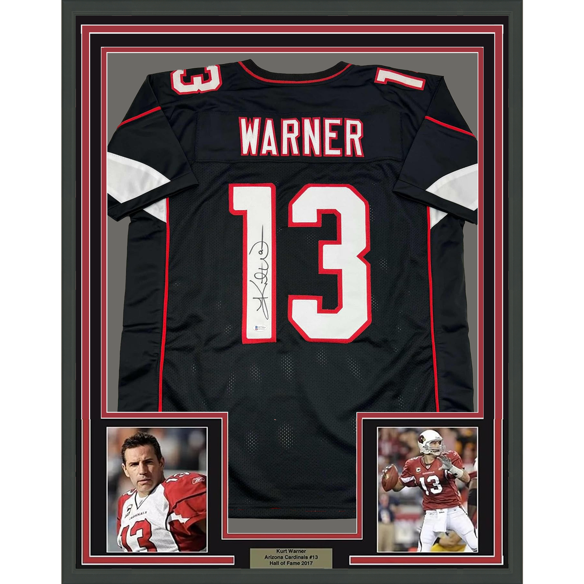 Framed Autographed Kurt Warner 35x39 Arizona Black Football Jersey Beckett BAS COA