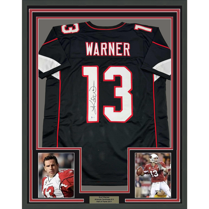 Framed Autographed Kurt Warner 35x39 Arizona Black Football Jersey Beckett BAS COA