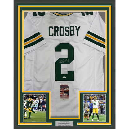 Framed Autographed/Signed Mason Crosby Green Bay White Football Jersey JSA COA