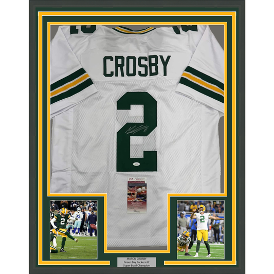 Framed white Green Bay Packers jersey #2 signed by Mason Crosby with flanking action photos and JSA authentication certificate.