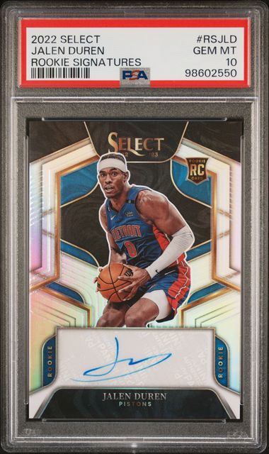 Graded rookie basketball card featuring Jalen Duren in Detroit Pistons uniform with blue autograph on white signature stripe, encased in PSA holder.