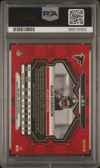 Graded 2023 Panini Mosaic Bijan Robinson #ND9 NFL Debut Rookie RC Football Card PSA 10 Gem Mint