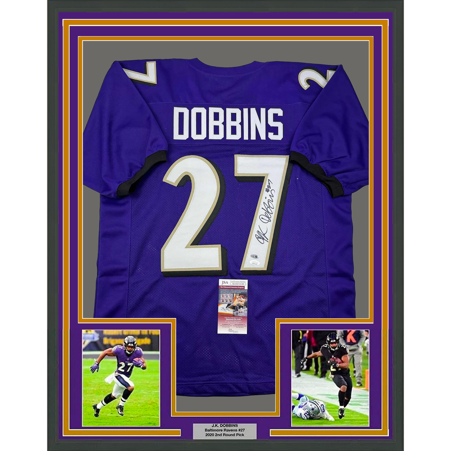 Framed Autographed/Signed J.K. Dobbins Baltimore Ravens Purple Football Jersey JSA COA