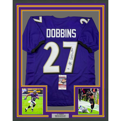 Framed Autographed/Signed J.K. Dobbins Baltimore Ravens Purple Football Jersey JSA COA