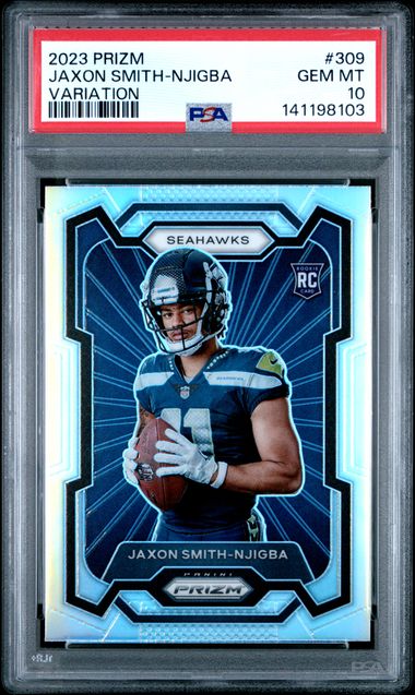 PSA-graded 2023 Prizm rookie card in protective slab showing Jaxon Smith-Njigba in Seahawks uniform with blue neon design.