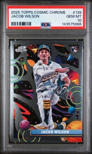 PSA-graded Jacob Wilson rookie card in clear case displaying colorful cosmic chrome design with player batting, red label visible on top.