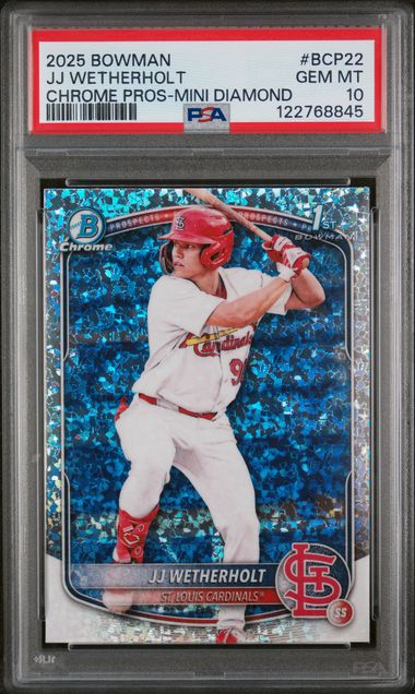 PSA-graded baseball card in clear plastic case showing JJ Wetherholt in red Cardinals uniform batting stance against blue diamond-patterned background.