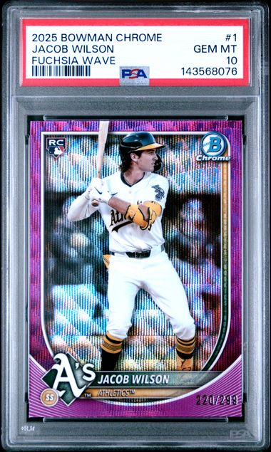 PSA-graded baseball card in clear plastic case displaying Jacob Wilson rookie card with purple fuchsia wave design and player photo in white Oakland Athletics uniform.