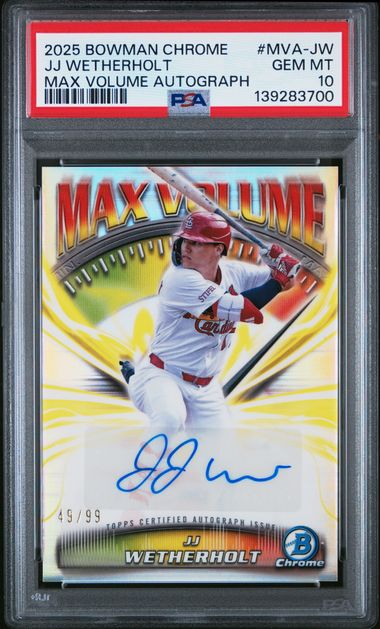 PSA-graded baseball card in protective case showing autographed JJ Wetherholt rookie card with red and yellow design elements.
