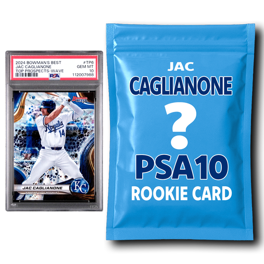 PSA-graded Jac Caglianone rookie card in protective case beside blue mystery pack envelope.