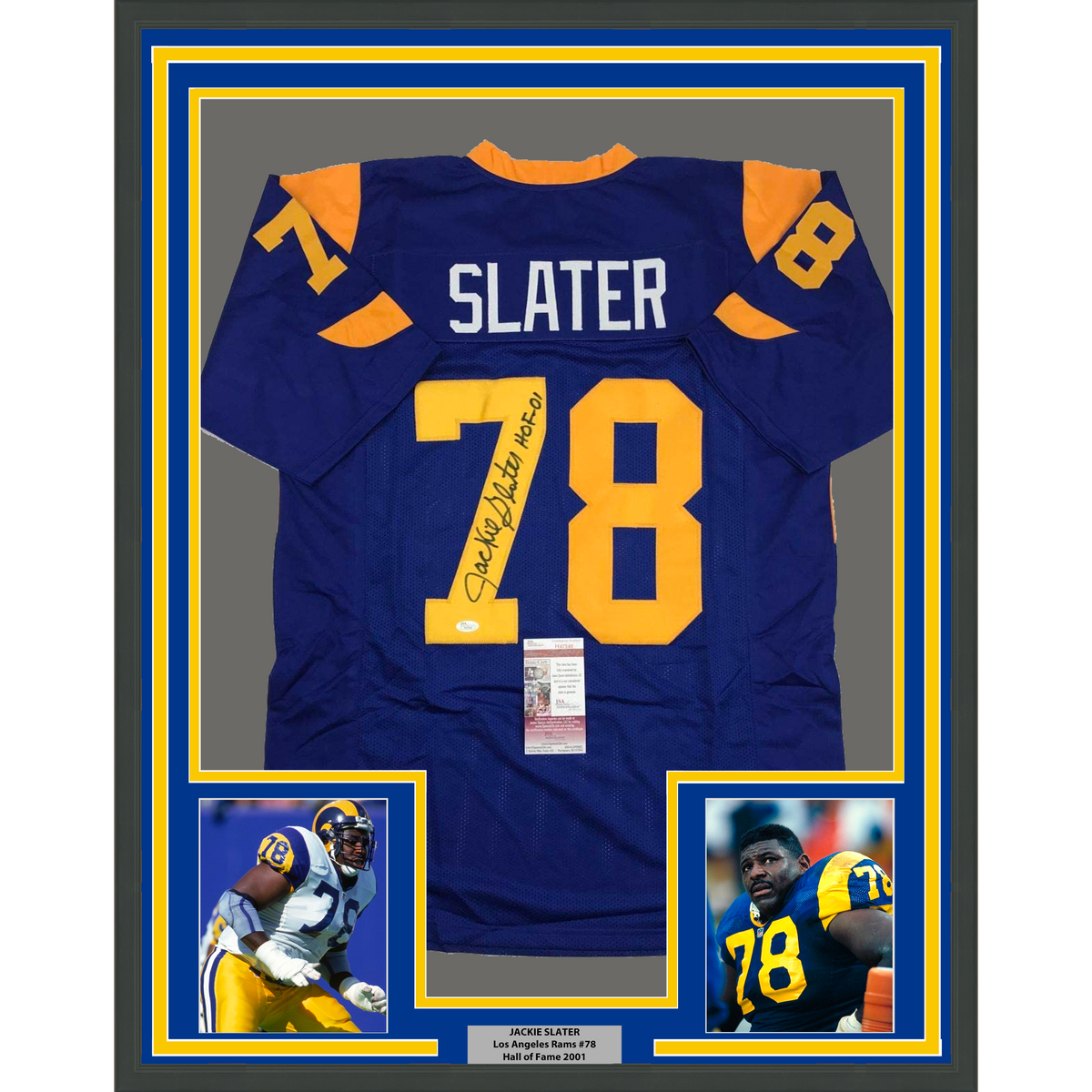 Framed Autographed/Signed Jackie Slater "HOF 01" Los Angeles Retro Blue Football Jersey JSA COA