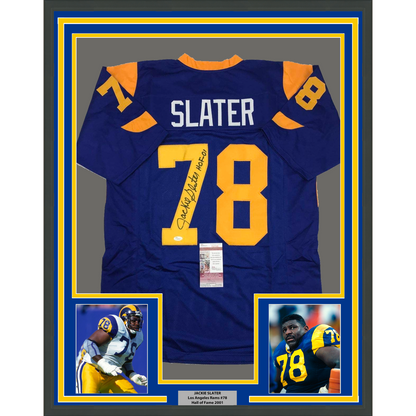 Framed Autographed/Signed Jackie Slater "HOF 01" Los Angeles Retro Blue Football Jersey JSA COA