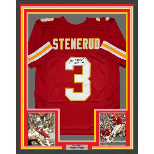 Red Kansas City Chiefs jersey number 3 signed by Jan Stenerud with HOF '91 inscription, displayed in framed mount with two action photographs and nameplate.