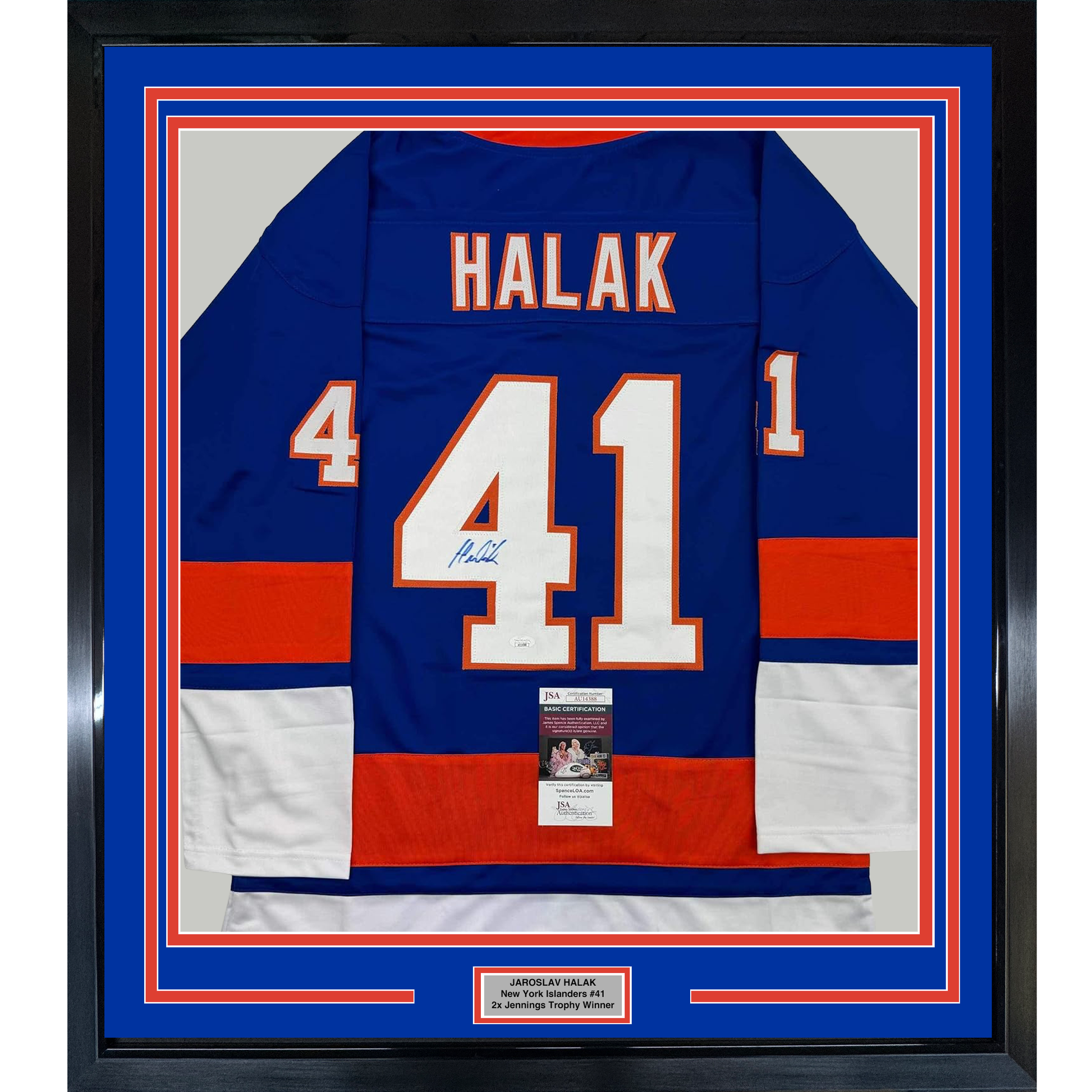 Framed blue New York Islanders hockey jersey number 41 signed by Halak with JSA authentication certificate visible.