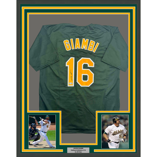 Framed green Oakland Athletics #16 Giambi jersey displayed with two flanking photographs and yellow-and-green border matting.