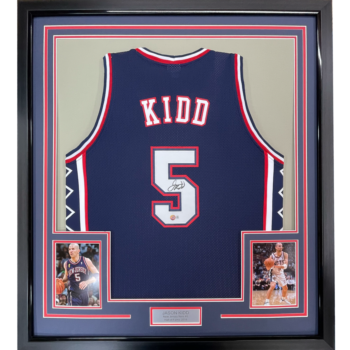 Framed Autographed/Signed Jason Kidd New Jersey Nets Blue Basketball Jersey Beckett BAS COA