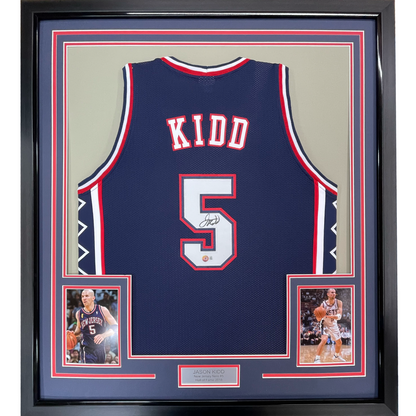 Framed Autographed/Signed Jason Kidd New Jersey Nets Blue Basketball Jersey Beckett BAS COA