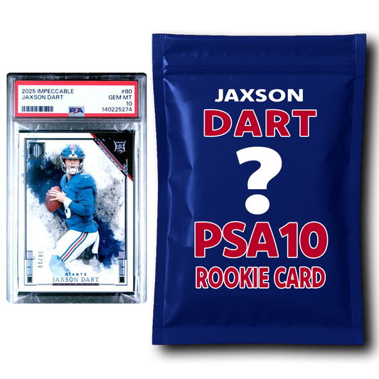 PSA 10 graded Jaxson Dart rookie card in blue case next to sealed blue mystery pack on white background.