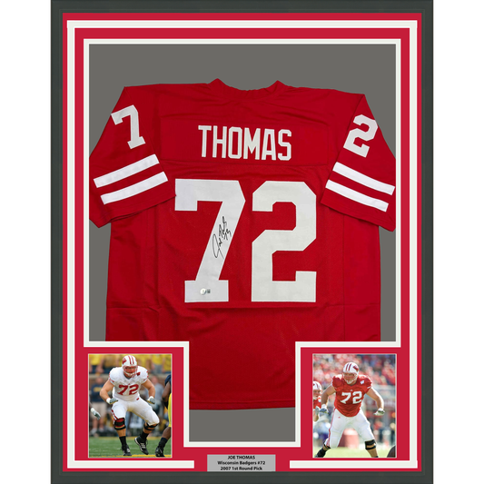 Framed red Wisconsin Badgers #72 jersey signed by Joe Thomas, displayed with two action photos and authentication plaque below.
