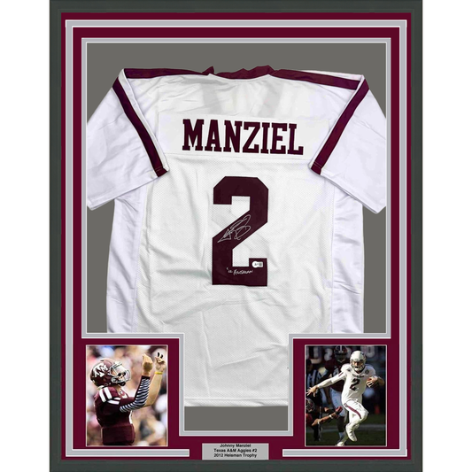 Framed white Texas A&M football jersey #2 with "MANZIEL" and autographed number, flanked by two action photos on maroon and white matting.