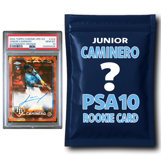 PSA 10 graded Junior Caminero 2024 Topps Chrome rookie card beside sealed navy blue mystery pack.