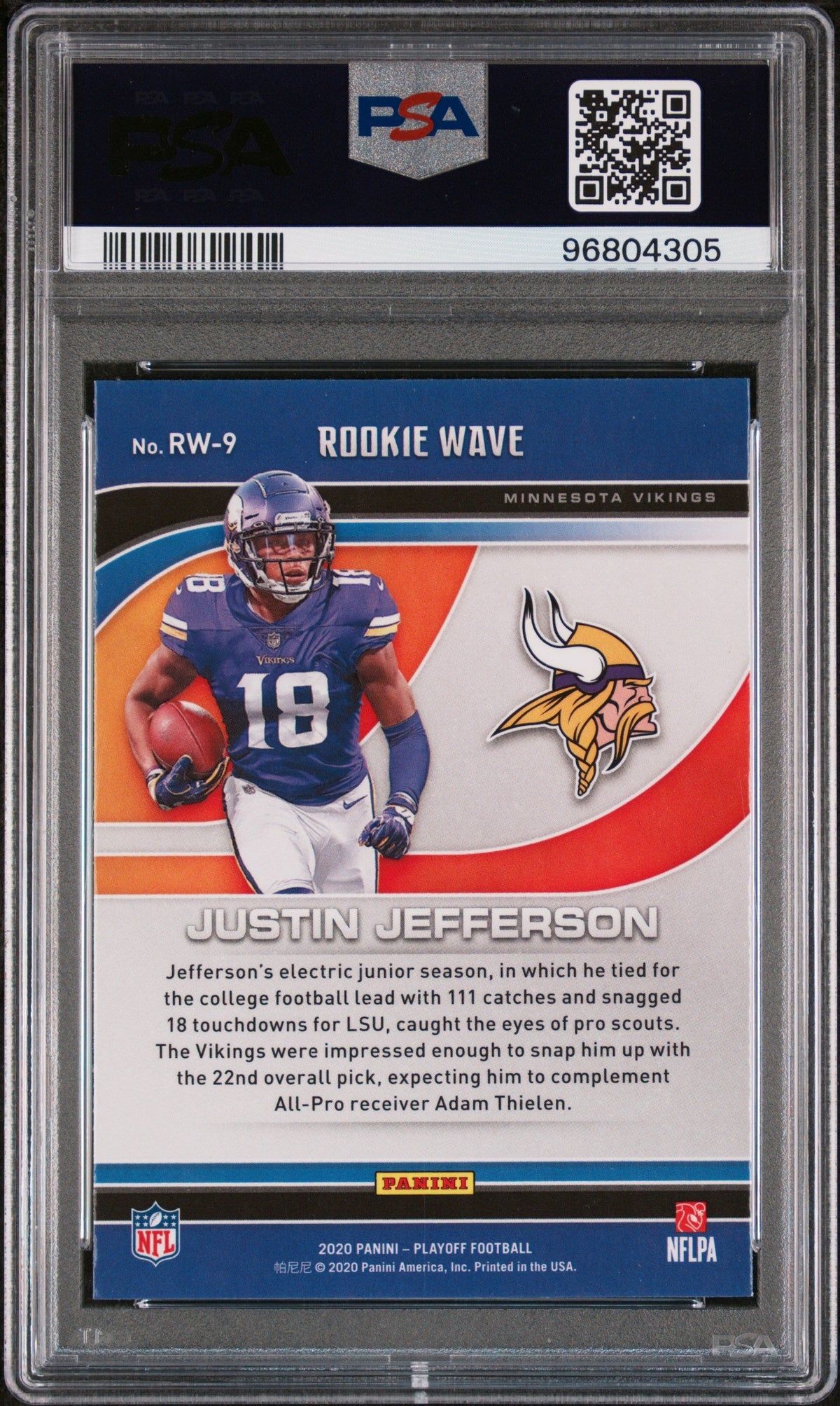 Back of a slabbed card showing a player in purple number 18 Vikings jersey holding a football beside a helmet logo.