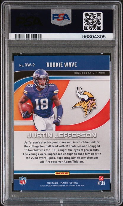 Back of a slabbed card showing a player in purple number 18 Vikings jersey holding a football beside a helmet logo.