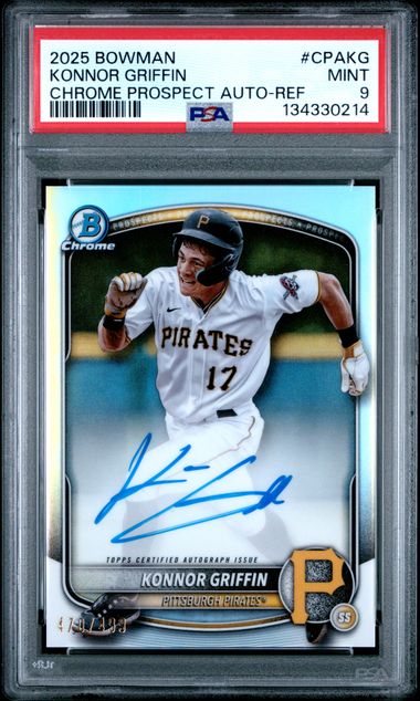 PSA-graded baseball card in clear case showing autographed Konnor Griffin in white Pirates uniform with blue ink signature visible.