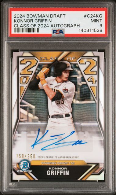 PSA-graded Bowman Draft card in clear case showing Konnor Griffin autograph rookie card with player batting photo and blue signature visible.