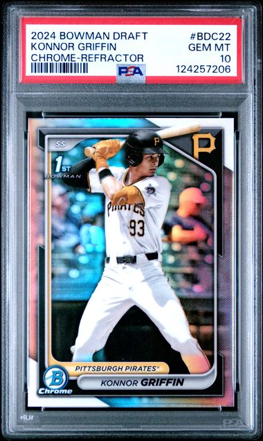 PSA-graded Konnor Griffin 2024 Bowman Draft Chrome Refractor card in clear plastic case displaying baseball player batting.