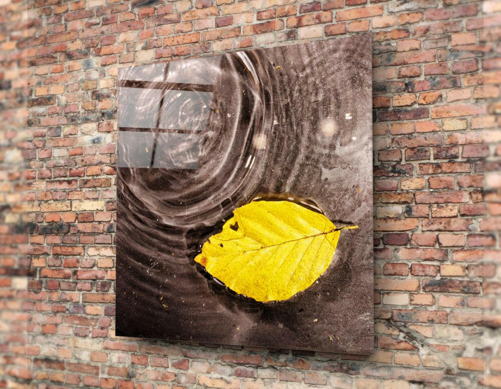 Rippled Water Floating Yellow Leaf Glass Wall Art