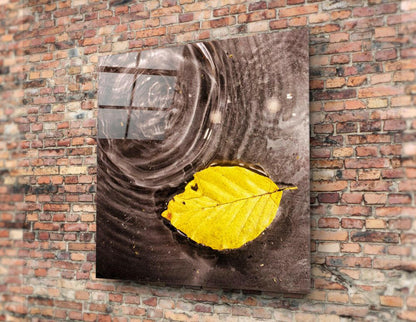 Rippled Water Floating Yellow Leaf Glass Wall Art