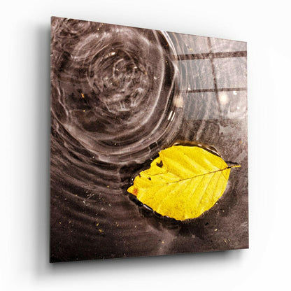 Rippled Water Floating Yellow Leaf Glass Wall Art