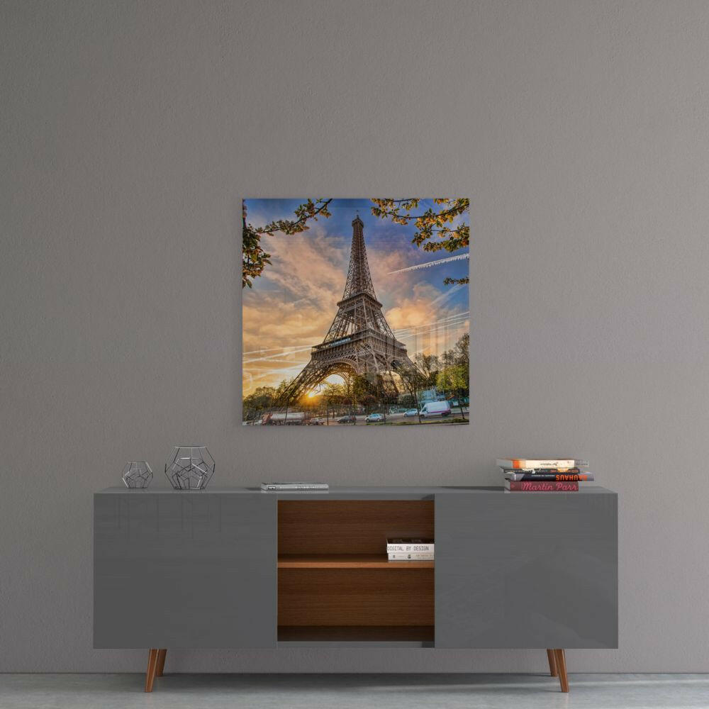 Eiffel Tower Sunset Blossoms Glass Wall Art