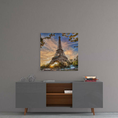 Eiffel Tower Sunset Blossoms Glass Wall Art