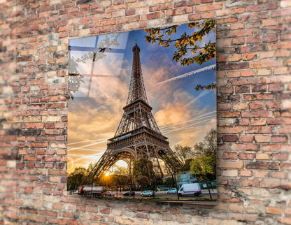 Eiffel Tower Sunset Blossoms Glass Wall Art