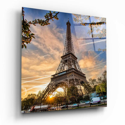 Eiffel Tower Sunset Blossoms Glass Wall Art